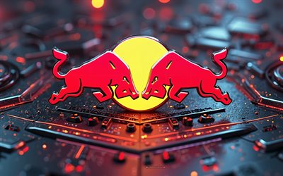 logo red bull 3d, 4k, contexte technologique, emblème red bull, art créatif red bull, red bull, flux néon