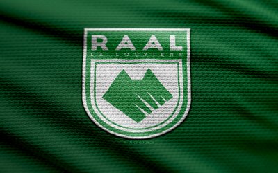 logo raal la louviere fabric, 4k, sfondo in tessuto verde, challenger pro league, bokeh, calcio, logo raal la louviere, emblema di raal la louviere, raal la louviere, club di calcio belga, la louviere fc