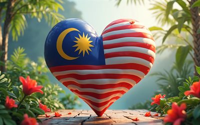 malasia'yı seviyorum, 4k, orman, bokh, malasia günü, malasia bayrağı, 3d sanat, malasya bayrağıyla kalp, yaratıcı, 3d kalpler, malasya bayrağı, malasya, malasia'ya olan aşk