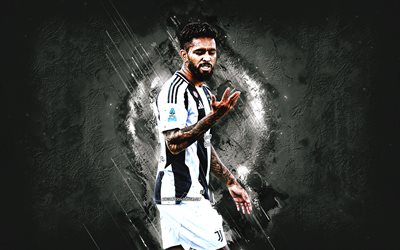 Douglas Luiz, Juventus FC, Brazilian footballer, white stone background, grunge art, Serie A, Italy, Juve, Douglas Luiz Soares de Paulo, Douglas Luiz Juventus, football
