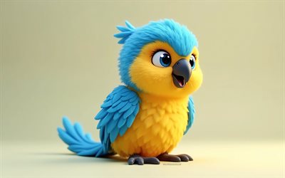 4k, netter 3d  blau gelber ara, cartoon 3d blue yellowaraw, süße vögel, blau gelber aras, 3d  vögel, kleiner blau gelber aras, orangefarbener hintergrund, ara