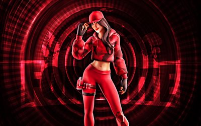 ruby fortnite, 4k, fondo espiral rojo, fortnita, creativo, piel rubí, piel rubí de fortnite, rubí, personajes de fortnite