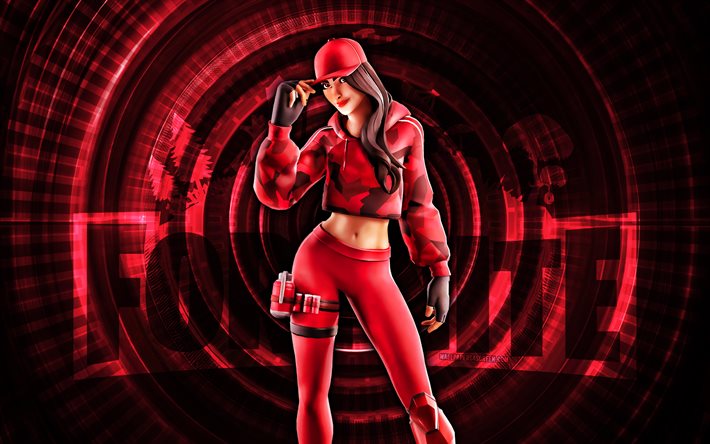 Ruby Fortnite, 4k, red spiral background, Fortnite, creative, Ruby Skin, Fortnite Ruby Skin, Ruby, Fortnite characters