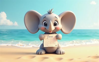 calendario de junio de 2025, 4k, calendario de junio 2025 con elefante, verano 2025, calendario de junio 2025, lindo elefante, antecedentes de verano, 2025 calendarios, junio