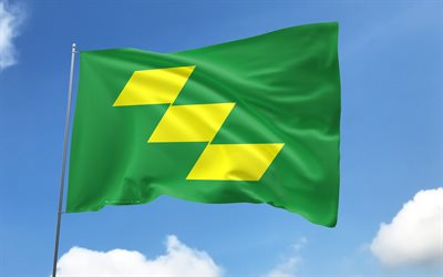 bandera de miyazaki en la asta de asta, 4k, prefecturas japonesas, cielo azul, bandera de miyazaki, banderas de satén ondulados, prefecturas de japón, asta de bandera con banderas, día de miyazaki, japón, miyazaki