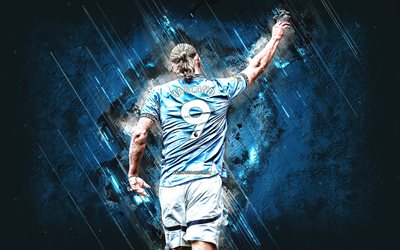 erling haaland, manchester city fc, norsk fotbollsspelare, man, blå stenbakgrund, målfirande, premier league, engelska, fotboll, erling haaland manchester city