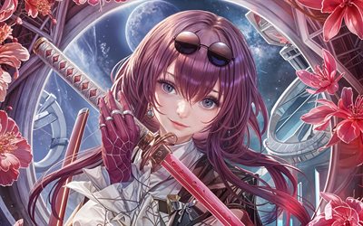 Kafka, 4k, 3D art, Honkai Star Rail, purple sword, anime characters, manga, Honkai Star Rail characters, purple eyes, Kafka Honkai Star Rail