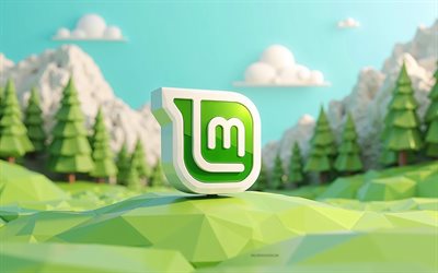 Linux Mint 3d logo, polygon 3d summer landscape, polygon green trees, Linux Mint logo, Linux Mint emblem, Linux Mint, Linux