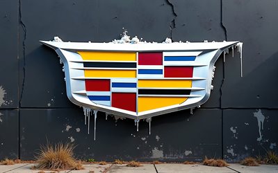 4k, logo cadillac, graffiti sul muro, grunge art, creative grunge art, cadillac graffiti, cadillac