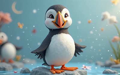 4k, netter 3d  papageientaucher, cartoon 3d papageientaucher, süße vögel, waschbär, 3d  tiere, cartoon 3d  tiere, lustiger papageientaucher, papageientaucher, naturhintergrund