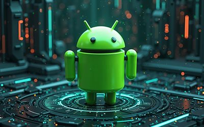 android 3d  logo, 4k, hi tech tausta, android green  logo, sininen teknologiatausta, android 3d  robotti, android  tunnus, androidi