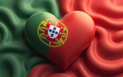 4k, I Love Portugal, silk wavy background, creative, Day of Portugal, flag of Portugal, 3D art, heart with Portugalese flag, 3D hearts, Portugalese flag, Portugal, Love for Portugal