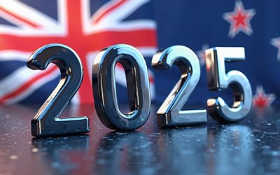 2025 neuseeland, 4k, reisen sie nach neuseeland 2025, neuseeland 2025 ziffern, 3d  kunst, neuseeländische flagge, 2025 3d  ziffern, 2025 konzepte, neuseeland