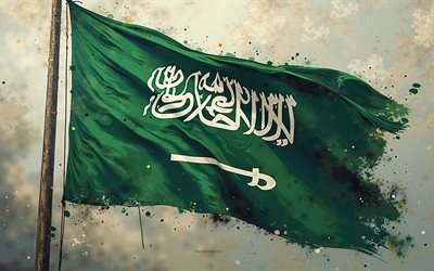 4к, saudi  arabien  flagge am fahnenmast, saudi  arabien  farbspritzflagge, grunge  kunst, saudi  arabien  flagge, saudi arabien