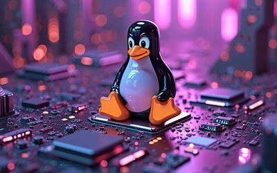 logo linux 3d, 4k, arrière plan de haute technologie, logo linux, contexte technologique violet, emblème linux, art créatif, linux, penguin linux 3d