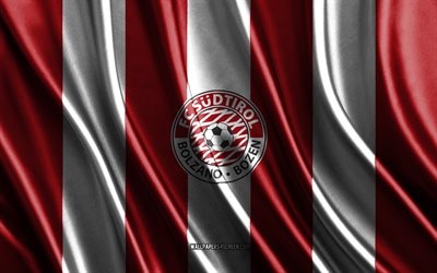4k, fc sudtirol logo, serie b, rote weiße seidenstruktur, fc sudtirol flag, italienischer fußballverein, fußball, seidenflagge, fc sudtirol emblem, italien, fc sudtirol abzeichen, fc sudtirol