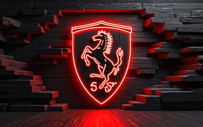 ferrari neon  logo, 4k, rote neonlichter, schwarze hölzerne hintergründe, kreativ, ferrari holzlogo, cars marken, ferrari 3d  logo, ferrari  logo, ferrari