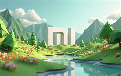 Xiaomi origami logo, green Xiaomi logo, polygon 3d summer landscape, Xiaomi logo, polygon green trees, Xiaomi, creative art