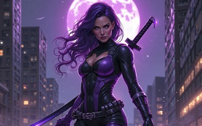 4k, psylocke, パープルムーン, スーパーヒーロー, マーベルコミック, エリザベス・ブラドック, ナイトスケープ, 剣, アートワーク, ベッツィーブラドック, psylocke 4k