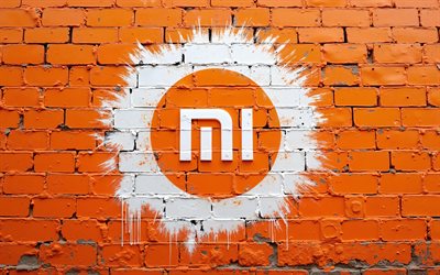 4k, xiaomi white graffitiロゴ, ストリートアート, クリエイティブ, オレンジ色のレンガ科, エレクトロニクスブランド, xiaomi graffitiロゴ, ブランド, xiaomiカラフルなロゴ, アートワーク, xiaomiロゴ, xiaomi