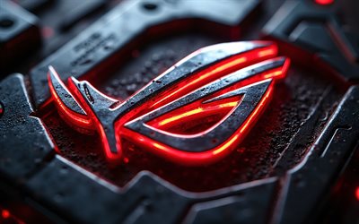 4k, rogo rog metal, bokeh, néons rouges, fond de métal grunge, république des joueurs, macro, logo rog 3d, œuvres d'art, asus rog, logo de la république des joueurs, logo rog, asus, rog