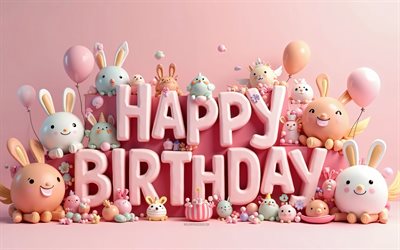 お誕生日おめでとう, 4k, 3dアート, お誕生日おめでとう3dインスプティション, 3d漫画動物, ピンクの背景, お誕生日おめでとうございます, お誕生日おめでとうコンセプト, 動物でお誕生日おめでとう背景