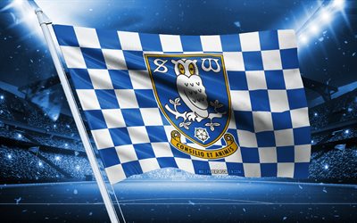 4k, Sheffield Wednesday FC logo, English football club, stadium flag, Sheffield Wednesday FC fans flag, blue white flag, Sheffield Wednesday FC emblem, Championship, England, football, Sheffield Wednesday FC
