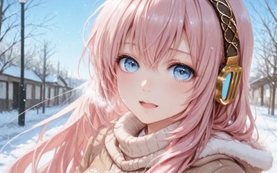4k, 메 구린 루카, 겨울, cv03, 보컬 로이드, 핑크 스타, 클로즈업, 분홍색 머리, 보컬 로이드 03, 초록 예술, 캐릭터 보컬 시리즈, 루카 메 구린, 보컬 로이드 캐릭터, 메 구린 루카 보컬 로이드