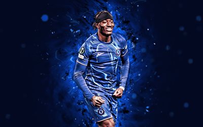 4k, Noni Madueke, blue abstract background, Chelsea, Premier League, English footballers, Noni Madueke 4K, blue neon lights, football, soccer, Chelsea FC, Noni Madueke Chelsea