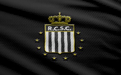 Royal Charleroi SC fabric logo, 4k, black fabric background, Jupiler Pro League, bokeh, soccer, Royal Charleroi SC logo, football, Royal Charleroi SC emblem, Royal Charleroi SC, belgian football club, Royal Charleroi FC