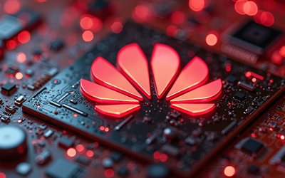 logo 3d huawei, 3d, logo rouge néon huawei, emblème de huawei, carte mère, logo huawei, voyant néon rouge, huawei