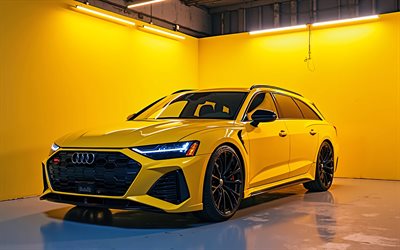 audi amarillo rs6 avant, 4k, cochera, sintonización, superdeportivos, arte 3d, autos alemanes, audi rs6 avant, luces de neón amarillas, audi rs6 avant art, audi