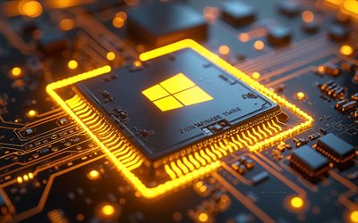 Windows 10 logo, yellow neon lights, Windows 10, chip on motherboard, Windows 10 3D logo, Windows logo, glowing Windows 10 logo, Windows