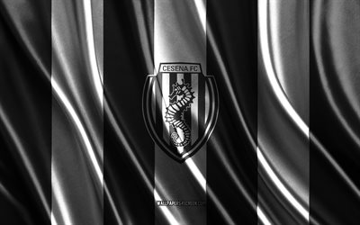 4k, logo cesena fc, serie b, consistenza della seta bianca nera, flag cesena fc, club di calcio italiano, calcio, bandiera di seta, emblema cesena fc, italia, distintivo di cesena fc, cesena fc