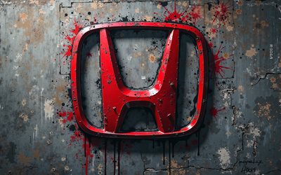 4k, logotipo de honda, graffiti en la pared, arte grune, arte creativo de grunge, honda graffiti, honda, autos japoneses