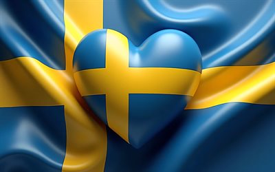 4k, ich liebe schweden, seidenwellenhintergrund, 3d  kunst, kreativ, tag schwedens, flagge von schweden, herz mit schwedischer flagge, 3d  herzen, schwedische flagge, schweden, liebe zu schweden