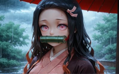 4k, Nezuko Kamado, kimono, rain, Demon Slayer, umbrella, protagonist, Demon Slayer Kimetsu no Yaiba, green bamboo gag, manga, Kamado Nezuko, Demon Hunter, Nezuko Kamado Kimetsu no Yaiba