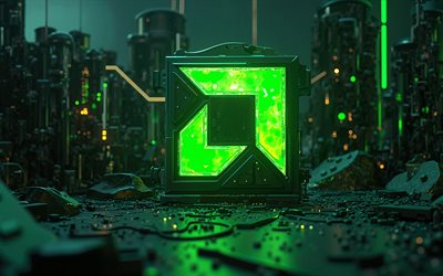 amd green neon  logo, 4k, tehdas, metallitausta, vihreät neonvalot, amd 3d  logo, taideteos, amd metal  logo, amd  logo, elektroniikkabrändit, amd