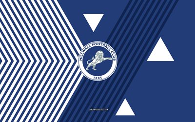 millwall fc logosu, 4k, ingiliz futbol takımı, mavi beyaz çizgiler arka plan, millwall fc, şampiyonluk, ingiltere, hat sanatı, millwall fc amblemi, futbol