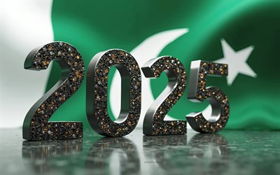 2025 pakistan, 4k, drapeau pakistanais, 2025 concepts, pakistan 2025 chiffres, art 3d, 2025 chiffres 3d