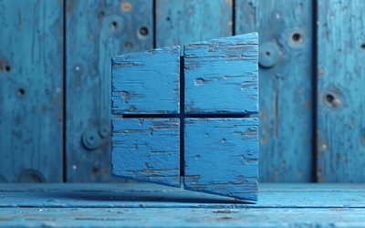 Windows 10 3d blue wooden logo, 4k, blue wooden background, Windows 10 logo, Windows emblem, Windows logo, background with Windows logo, Windows