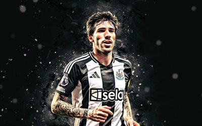 Sandro Tonali, 4k, white neon lights, Newcastle United, Premier League, Italian footballers, Sandro Tonali 4K, football, soccer, Newcastle United FC, Sandro Tonali Newcastle United