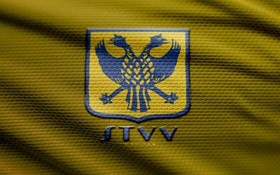 Sint-Truiden VV fabric logo, 4k, yellow fabric background, Jupiler Pro League, bokeh, soccer, Sint-Truiden VV logo, football, Sint-Truiden VV emblem, Sint-Truiden VV, belgian football club, Sint-Truiden FC