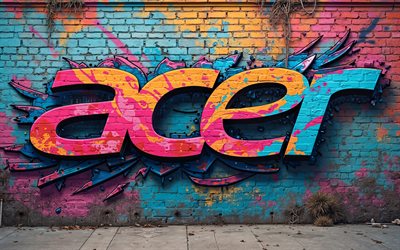 4k, acer graffitiロゴ, ストリートアート, クリエイティブ, カラフルなレンガ科, エレクトロニクスブランド, acer抽象ロゴ, ブランド, acerカラフルなロゴ, アートワーク, エイサーロゴ, エイサー