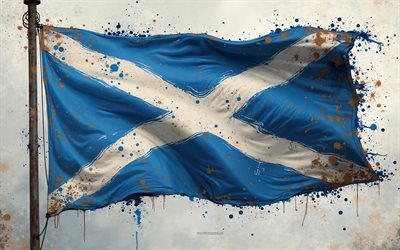 Scottish flag, 4k, Scotland flag on the flagpole, Scottish paint splashes flag, grunge art, Scotland flag, Scotland, flag of Scotland