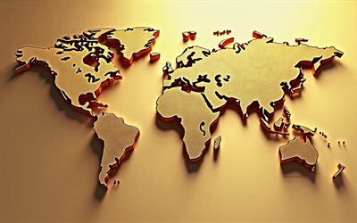 خريطة العالم ثلاثي الأبعاد مصنوعة من الذهب, 4k, مفاهيم خريطة العالم, خلفية مع خريطة العالم الذهبي, خريطة العالم ثلاثي الأبعاد, فن الذهب