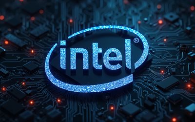 logo intel blue glitter, 4k, sfondo hi tech nero, microcircuits, conduttori, marchi elettronici, creativo, logo intel su microcircuit, marchi, intel abstract logo, opera d'arte, logo intel, intel