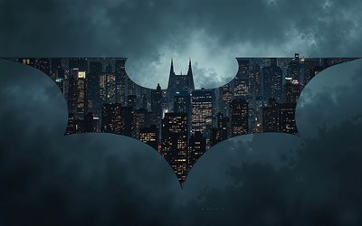 paysage urbain de new york à l'intérieur du logo batman, 4k, batman emblem, super héros, night new york, logo batman, art créatif, batman