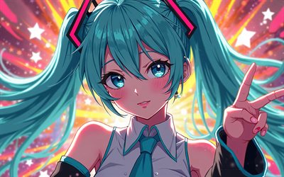 4k, Hatsune Miku, colorful abstract background, Vocaloid, CV01, concert, Vocaloid 01, bokeh, Vocaloid characters, Hatsune Miku Vocaloid