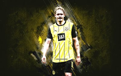 ジュリアン・ブラント, ボルシア・ドルトムント, ドイツのサッカー選手, 黄色の石の背景, グランジアート, bvb, ブンデスリーガ, ドイツ, ジュリアン・ブラント・ボルシア・ドルトムント, フットボール